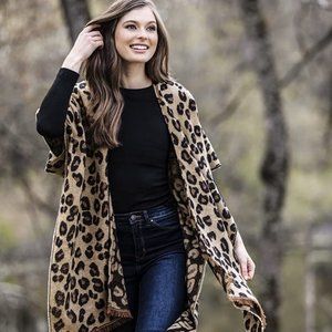 Britt's Knits Women's Snow Leopard Print Wrap Poncho With Subtle Fringe